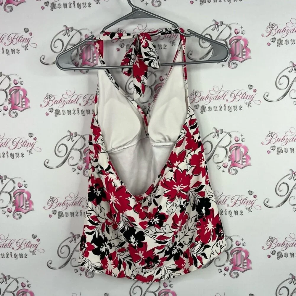 Catalina tankini top beach swim Floral Halter Neck Tank Top - Red and Black